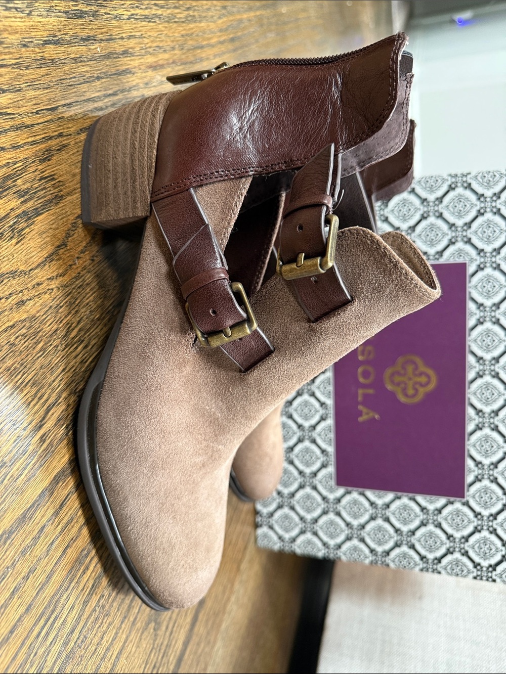 Isola Two-Tone Tan and Brown Suede & Leather Buckle Ankle Boots